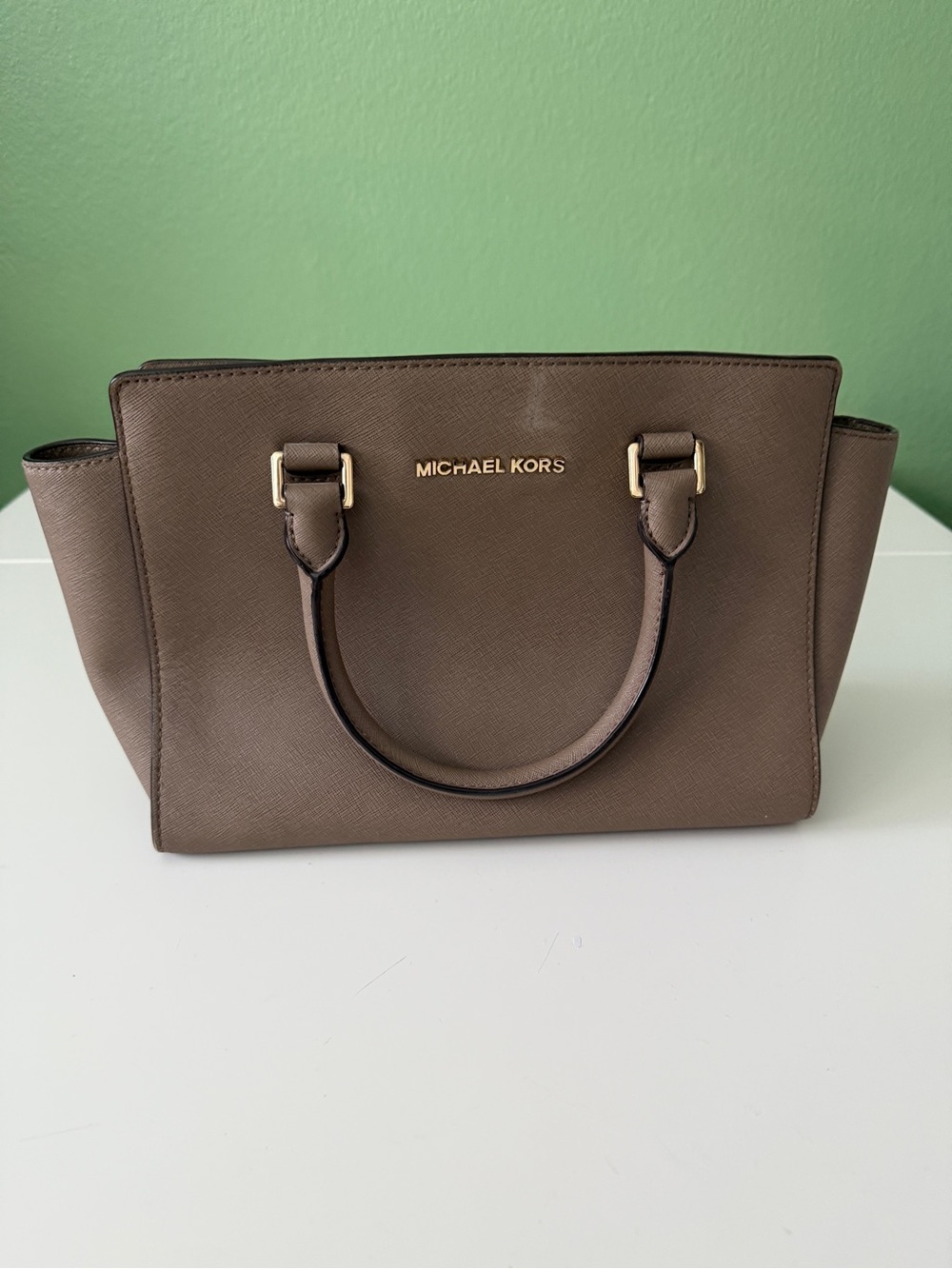 Michael Kors Taupe Saffiano Leather Satchel with Gold Hardware